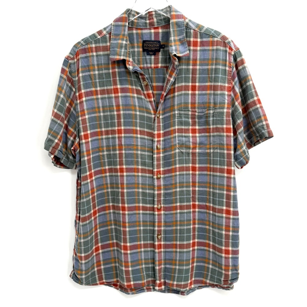 Pendleton Linen Blend Plaid Mens XL Short Sleeve Button Down Shirt Casual